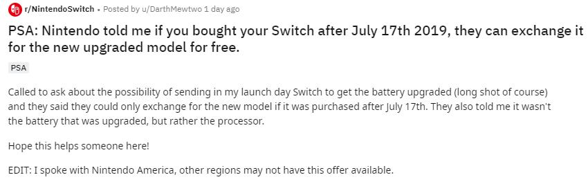 任天堂将为新Switch用户免费升级为高续航版本